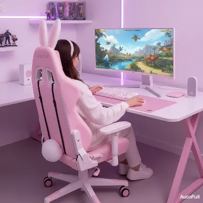 A gamer sitting comfortably in the AutoFull Pink Bunny Gaming Chair at a matching pink and white desk setup, focused on their screen.