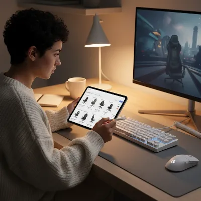 A person intently comparing specifications of various budget gaming chairs on a tablet, surrounded by gaming accessories.