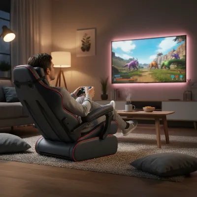 A console gamer enjoying an immersive experience in a floor gaming chair with integrated speakers and a comfortable recline.