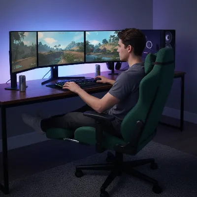 A gamer seated comfortably in a green Dowinx fabric gaming chair with a footrest, at a desk setup.