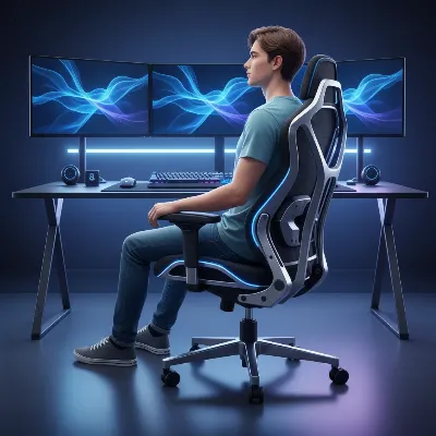 An ergonomic gaming chair with adjustable lumbar support and a person sitting correctly, illustrating good posture and back alignment.