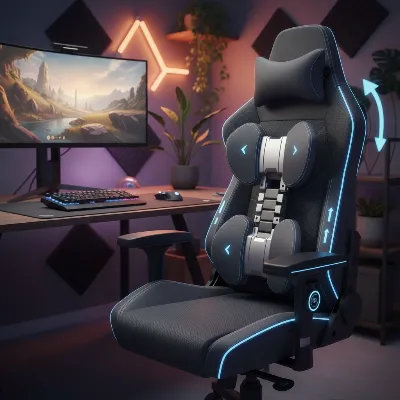 An ergonomic gaming chair showcasing its built-in lumbar support system, designed for optimal spinal alignment.
