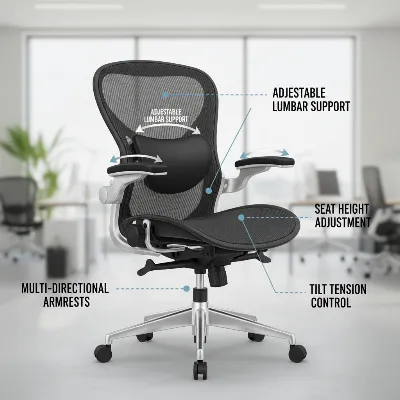 A high-end ergonomic office chair highlighting its various adjustment points.