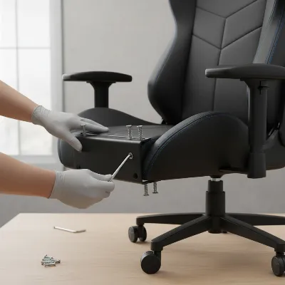 Attaching the backrest to the seat of a gaming chair, ensuring proper alignment and secure fastening with tools.