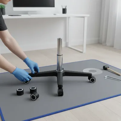 Assembling the five-star base and gas lift for a gaming chair with wheels attached, showing a clear, organized workspace.