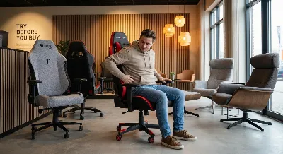 Person trying out different gaming chairs in a store setting to find the best fit.