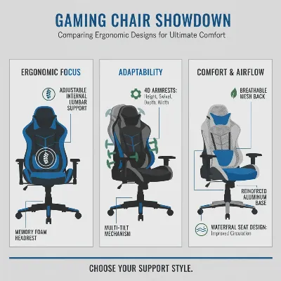 A detailed infographic comparing key ergonomic features of different gaming chairs like lumbar support, armrests, and materials.