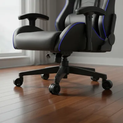 A gaming chair with sleek rollerblade wheels gliding smoothly across a hardwood floor, viewed from a low angle with soft, natural light, realistic style.