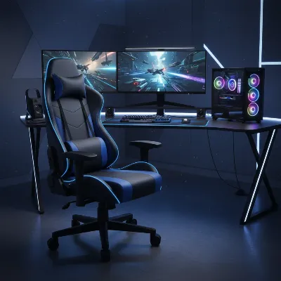 A dynamic gaming chair in a vibrant PC setup, showcasing bold colors and sleek design.