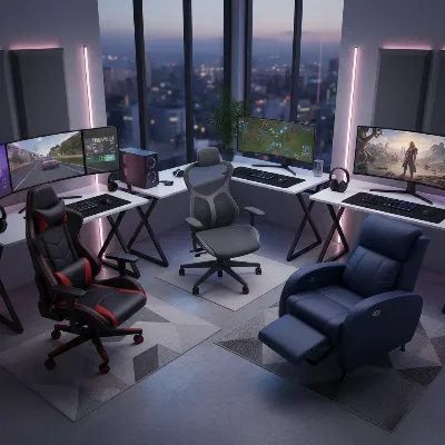 Different types of gaming chairs, including racing style, ergonomic office, and gaming recliner, in a modern gaming setup.
