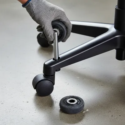 A close-up, realistic shot of a hand installing a rollerblade wheel into the base of a gaming chair, with the old wheel lying beside it, in a brightly lit indoor setting.