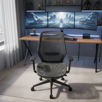 Mesh gaming chair backrest promoting airflow and ergonomic support for a gamer