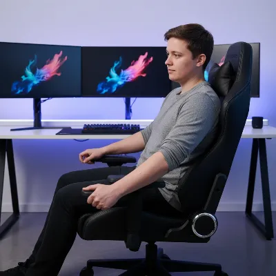 A user adjusting the Noblechairs Hero gaming chair for optimal ergonomics