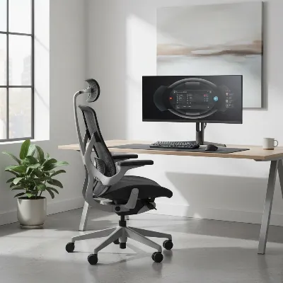 A high-end ergonomic gaming chair in a minimalist modern office setting, promoting good posture.