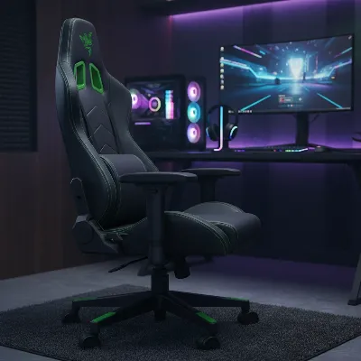 A wide shot of the Razer Iskur V2 gaming chair placed in a modern, minimalist gaming setup, with a large monitor, keyboard, and mouse visible. The chair is slightly reclined, showcasing its sleek black design and green accents. The room is well-lit with ambient light, creating a focused, high-performance atmosphere. Realistic style.