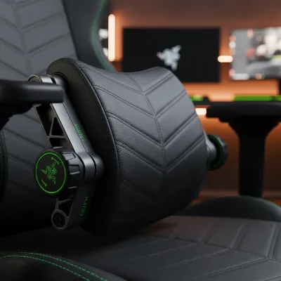 A close-up view of the Razer Iskur V2's innovative Hyperflex Lumbar Support System in action, showing its adaptive movement and adjustable knobs, set against a blurred gaming setup in a modern room, with soft, directional lighting highlighting the chair's textures. Editorial style.