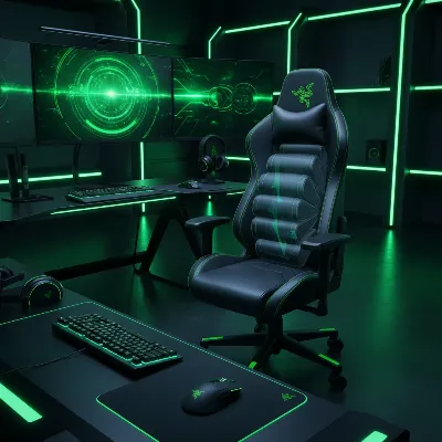 Razer Iskur V2 NewGen gaming chair in a vibrant green and black gaming setup, highlighting its HyperFlex lumbar support and CoolTouch materials.