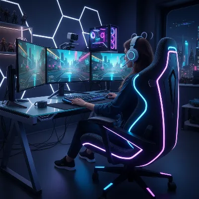 A dynamic RGB gaming chair illuminated in a vibrant streaming setup, with a streamer focused on their game