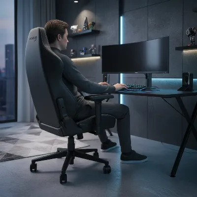 A gamer comfortably seated in a sleek black Secretlab Titan Evo gaming chair, highlighting its ergonomic design and racing aesthetics in a modern gaming room setting. Soft ambient light. Realistic style.