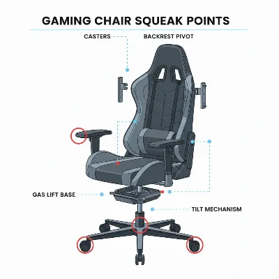 Common parts of a gaming chair that squeak, including casters, gas lift, and backrest mechanism.