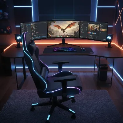A streamer's vibrant RGB gaming chair with customizable lights, positioned within a cozy gaming environment