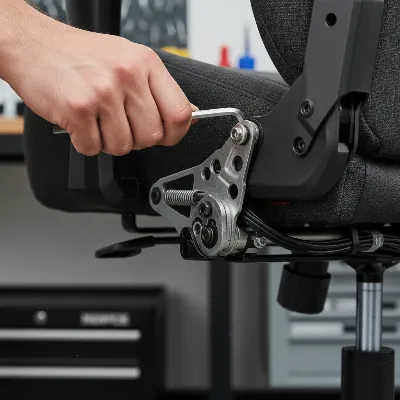 A person using an Allen wrench to tighten bolts on the underside of a gaming chair's seat mechanism.